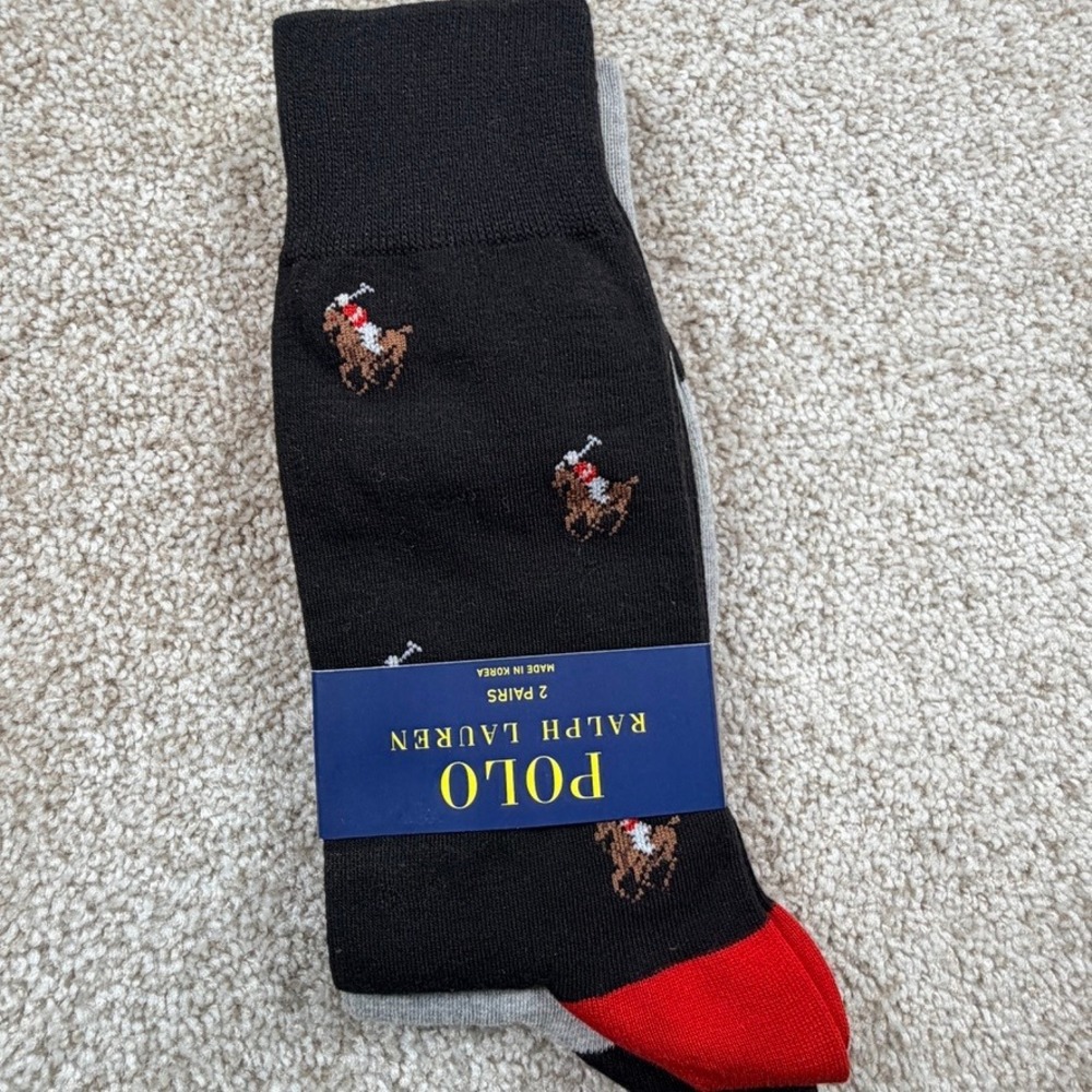 Polo Ralph Lauren Mens 2 Pack Crew Socks Black Grey Pony Logo Size 10-13 NEW
